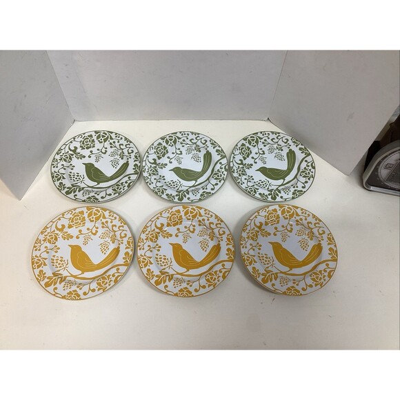 pier 1 dessert plates set of 6 birds green yellow 8.5” diameter - Picture 1 of 7